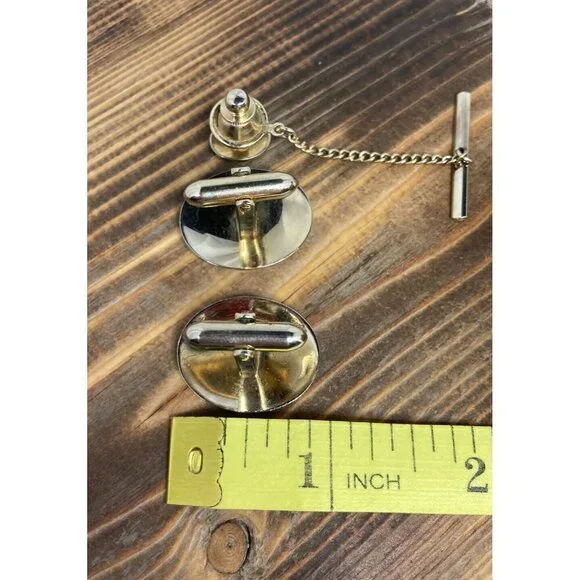 Vintage Retro 60’s Men’s Gold Striped Oval Cufflinks & Tie Pin Set Gift - Picture 5 of 5